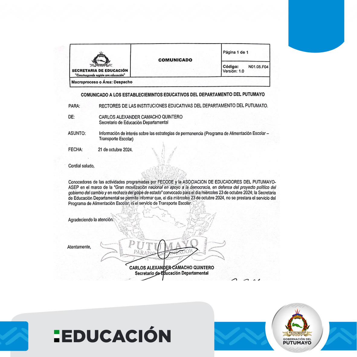 Comunicado a las Instituciones Educativas
