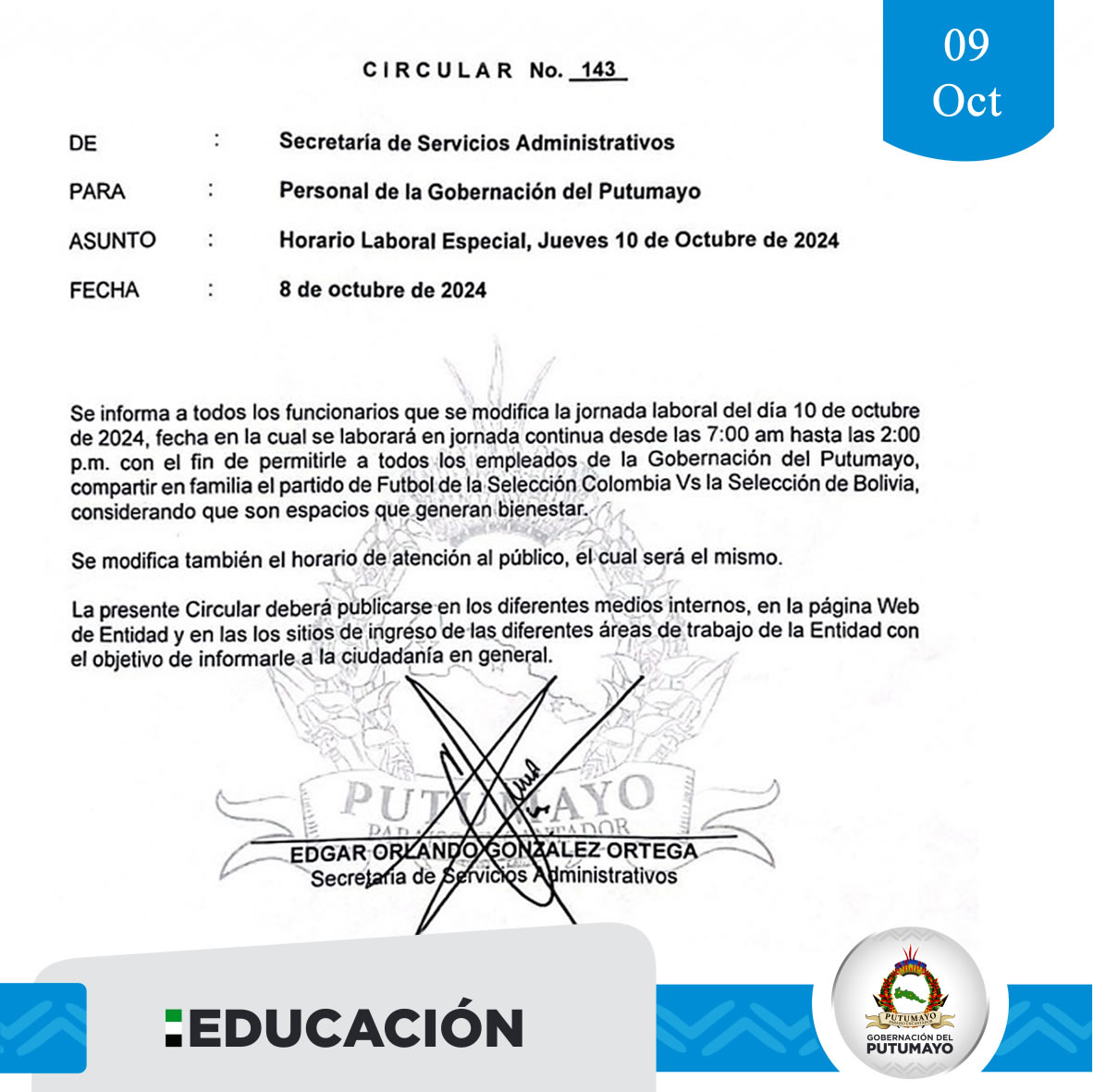 Horario laboral jornada 10 de octubre