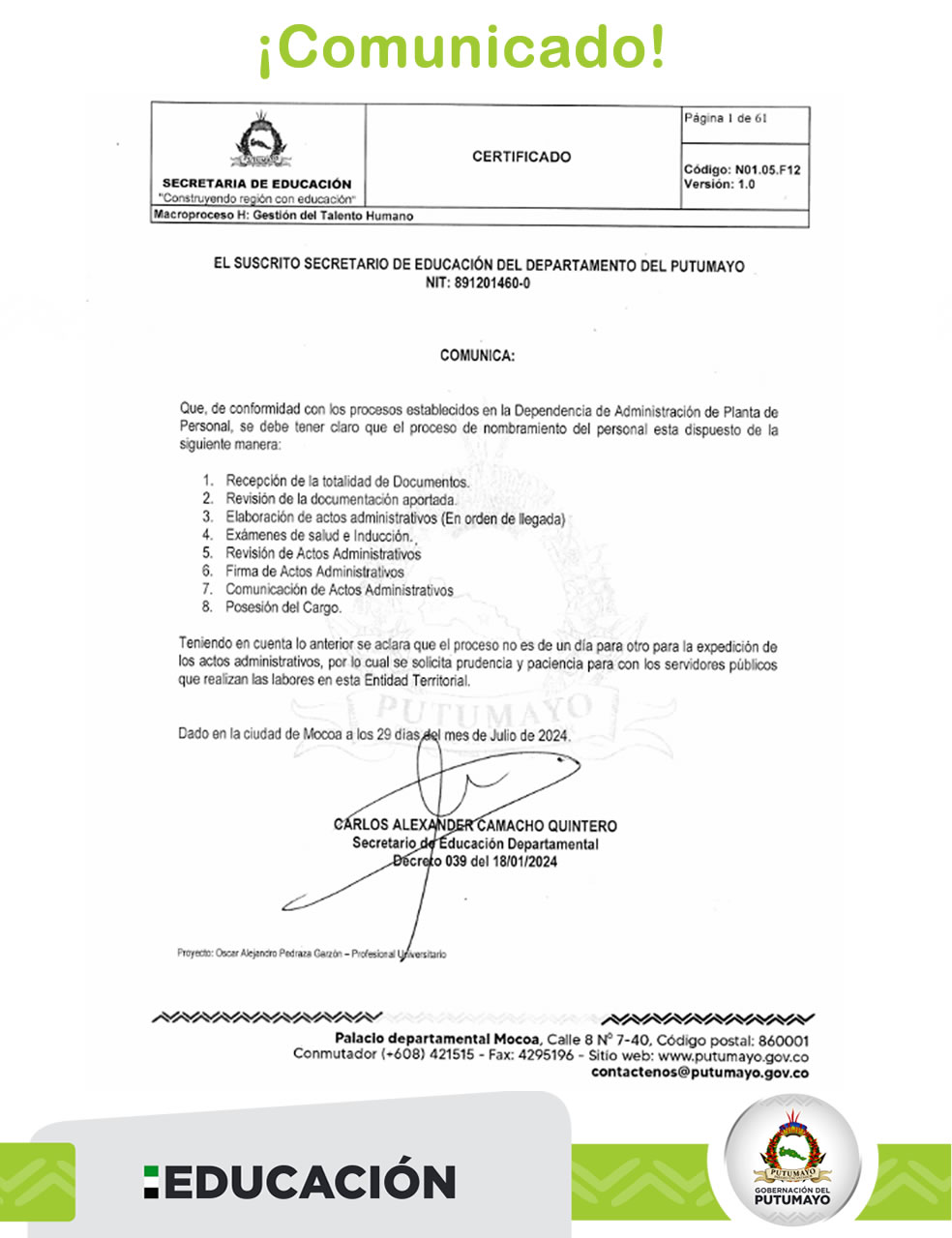 Comunicado proceso de nombramiento