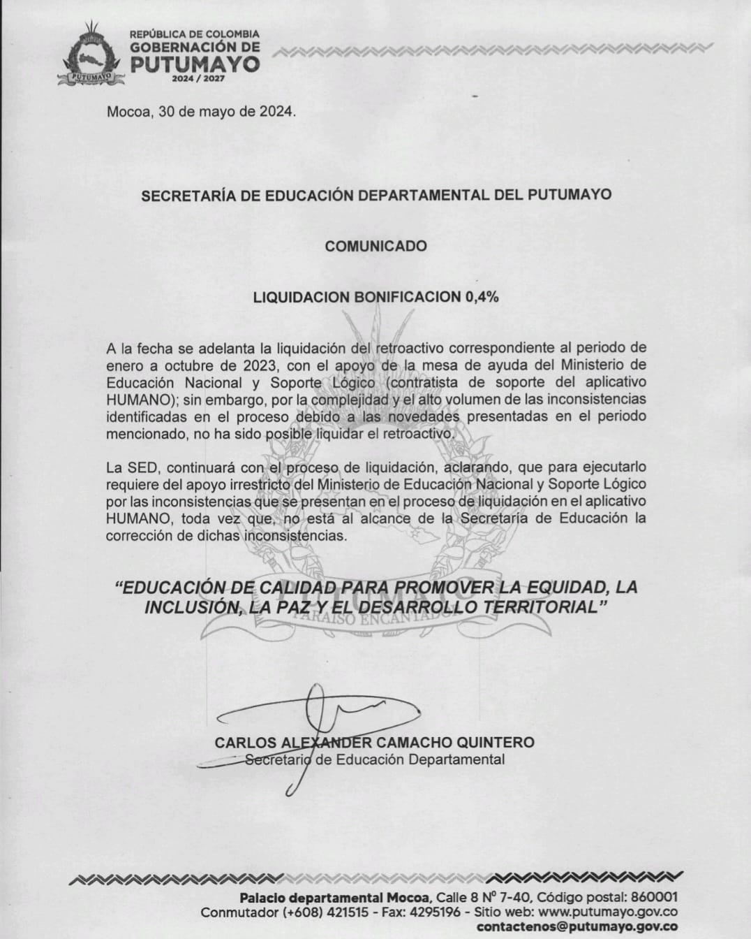 Comunicado Sed Putumayo Bonificación 0,4%